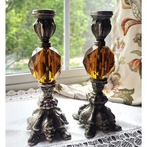 Hollywood Regency Amber Ornate Gold Metal 8" Vintage Candlestick Holders
